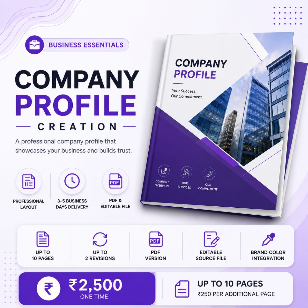 Business Company Profile Creation service with professional layout, up to 10 pages, PDF version, editable source file, and brand color integration.